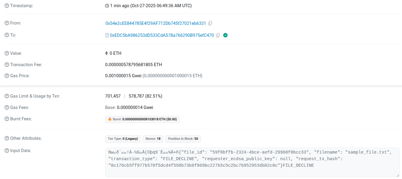 Declined file blockchain transaction