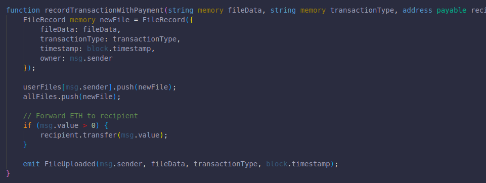 recordTransactionWithPayment function